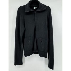 Shu Shu Zip Up Cardigan Women Size XL Black Ribbed Knit Sweater Pockets Preppy
